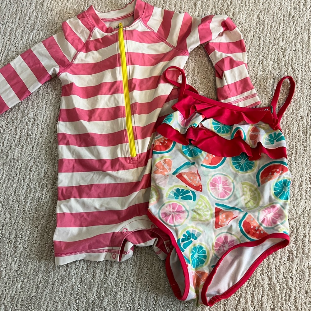 Primary Pink and White Striped Swim Set